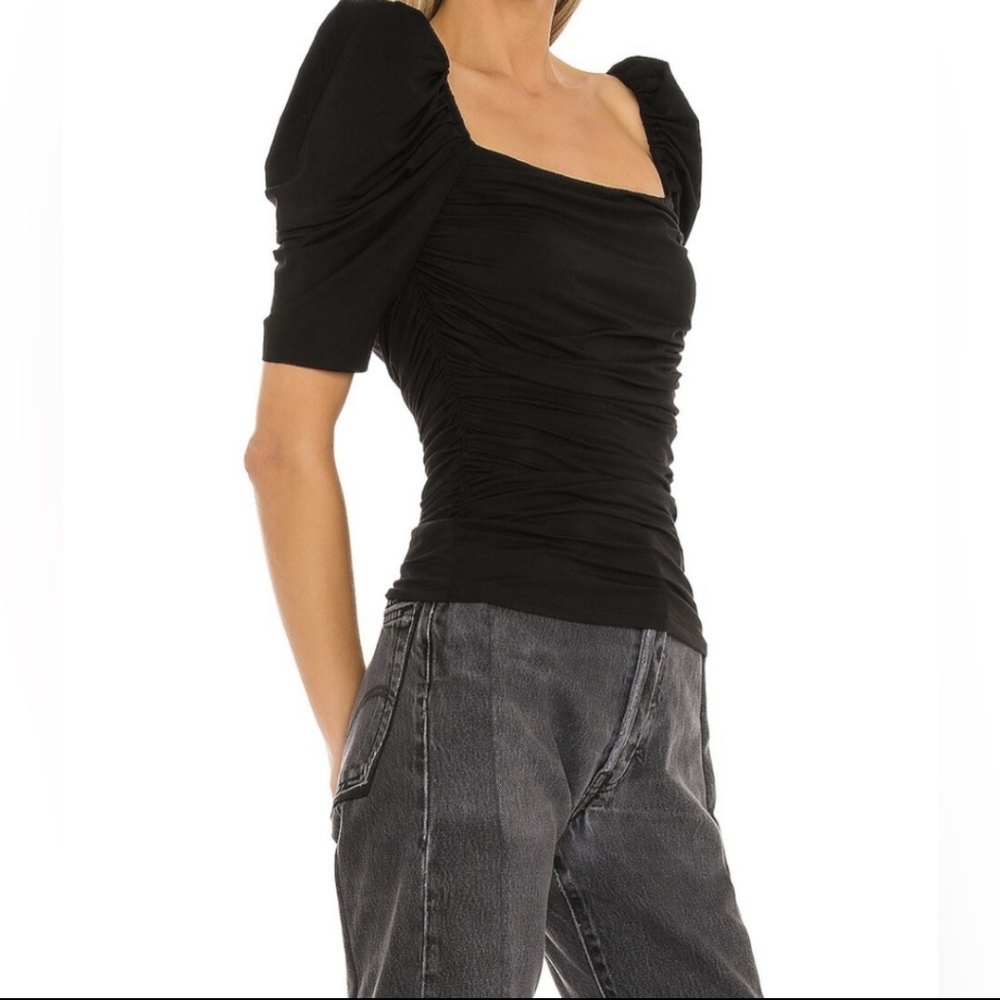 FRAME Betty Knitted Black Noir Square Neck Ruched Puff Sleeve Top Shirt - Picture 5 of 16